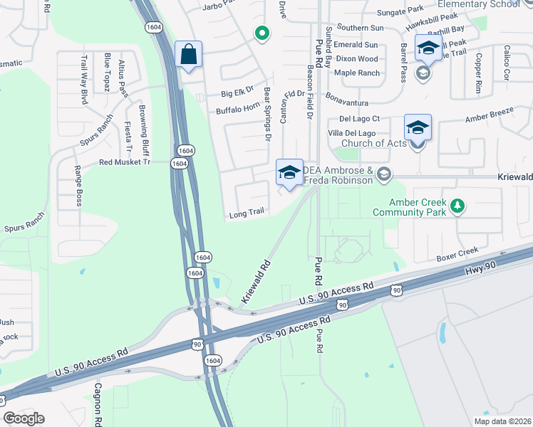 map of restaurants, bars, coffee shops, grocery stores, and more near 11402 Long Trail in San Antonio