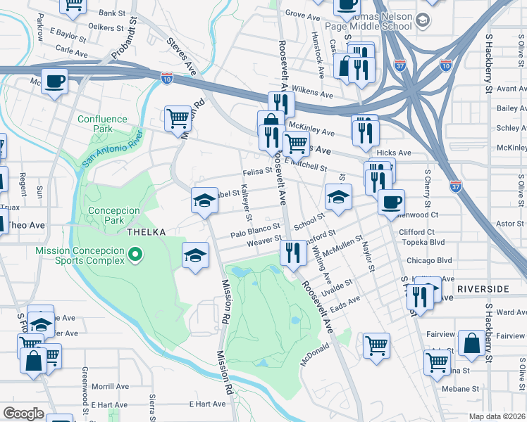 map of restaurants, bars, coffee shops, grocery stores, and more near 129 Palo Blanco Street in San Antonio