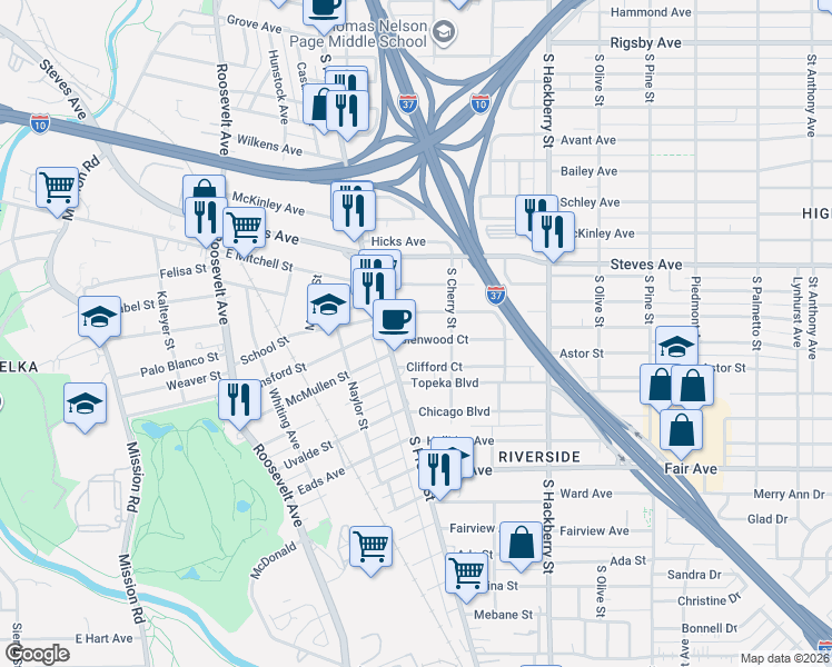 map of restaurants, bars, coffee shops, grocery stores, and more near 127 Clifford Court in San Antonio