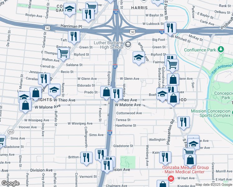 map of restaurants, bars, coffee shops, grocery stores, and more near 511 West Theo Avenue in San Antonio
