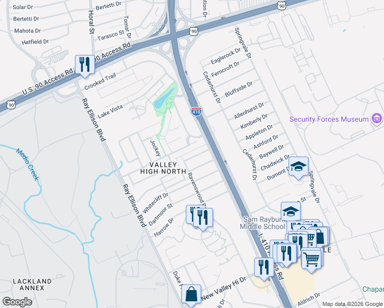 map of restaurants, bars, coffee shops, grocery stores, and more near 123 Threadneedle Lane in San Antonio