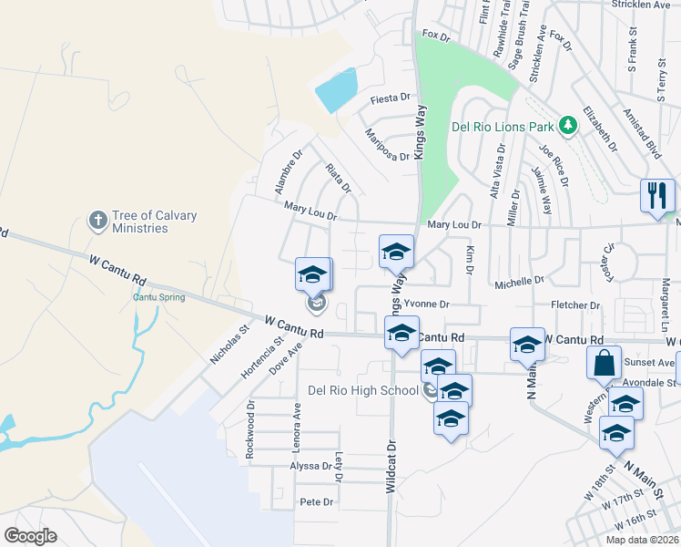map of restaurants, bars, coffee shops, grocery stores, and more near 121 Windlake Loop in Del Rio