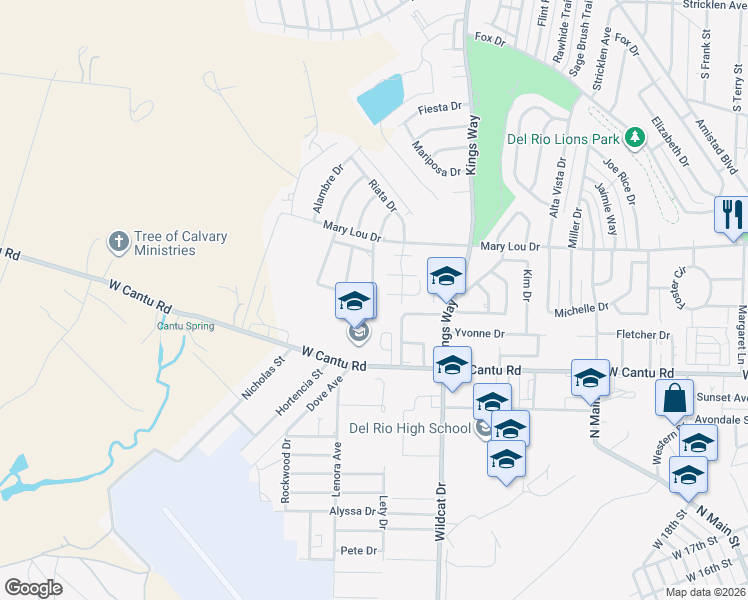 map of restaurants, bars, coffee shops, grocery stores, and more near 121 Windlake Loop in Del Rio