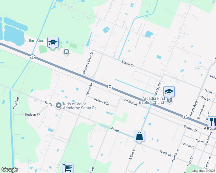 map of restaurants, bars, coffee shops, grocery stores, and more near 15511 Highway 6 in Santa Fe