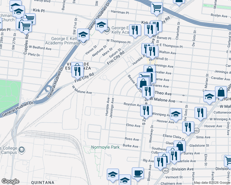 map of restaurants, bars, coffee shops, grocery stores, and more near 1818 West Malone Avenue in San Antonio