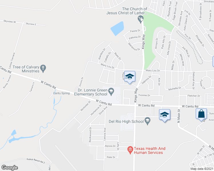 map of restaurants, bars, coffee shops, grocery stores, and more near 131 Windlake Loop in Del Rio