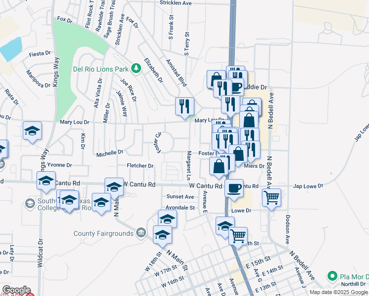 map of restaurants, bars, coffee shops, grocery stores, and more near 207 Betty Lou Drive in Del Rio