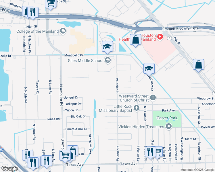 map of restaurants, bars, coffee shops, grocery stores, and more near 7502 Plover Circle in Texas City