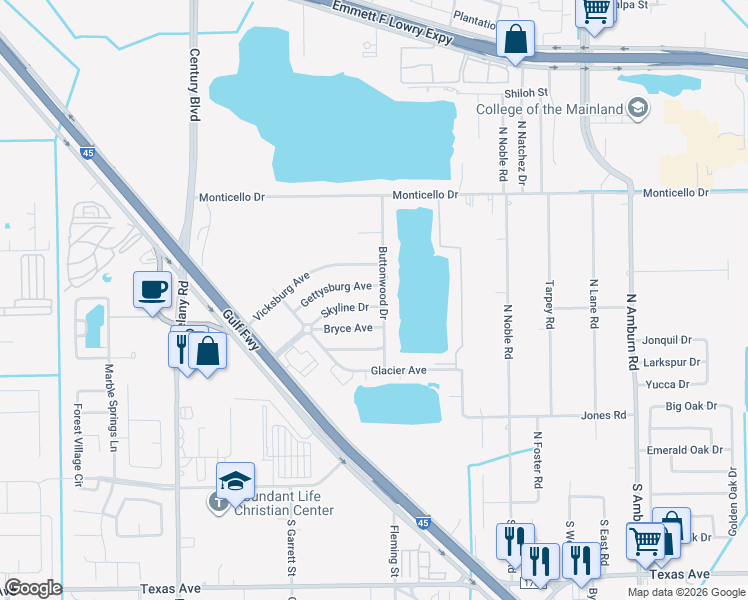 map of restaurants, bars, coffee shops, grocery stores, and more near 9106 Gettysburg Avenue in Texas City