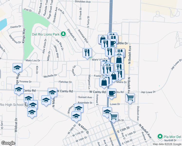 map of restaurants, bars, coffee shops, grocery stores, and more near 114 Catherine Street in Del Rio