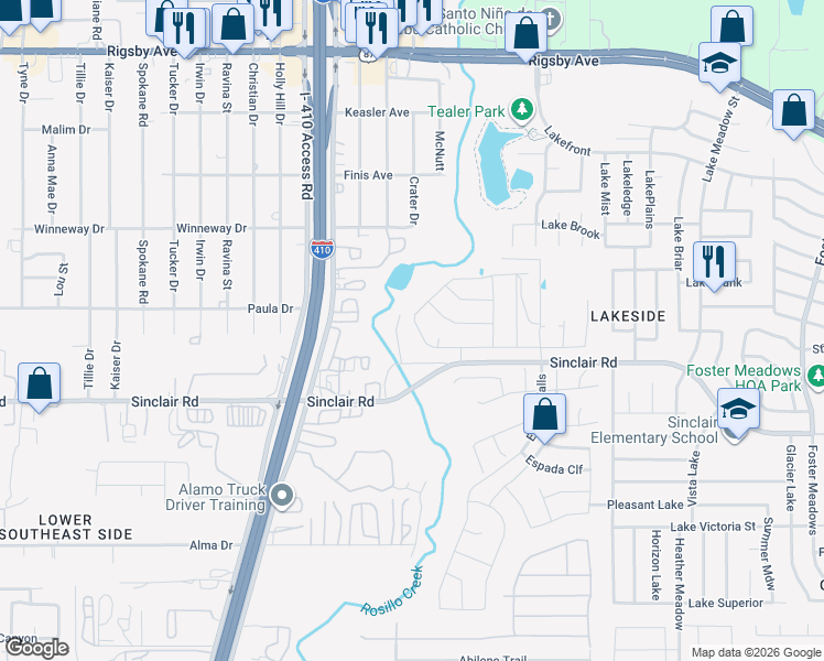 map of restaurants, bars, coffee shops, grocery stores, and more near 5233-5413 Sinclair Road in San Antonio