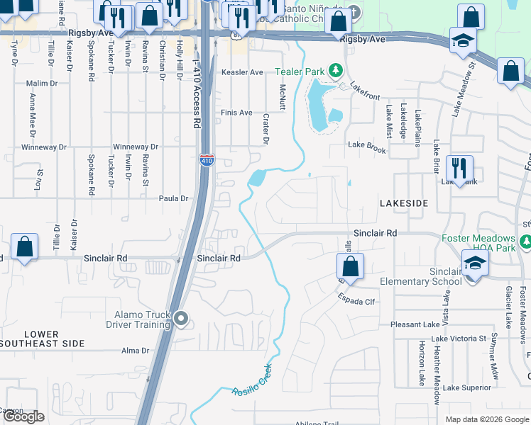 map of restaurants, bars, coffee shops, grocery stores, and more near 5233-5413 Sinclair Road in San Antonio