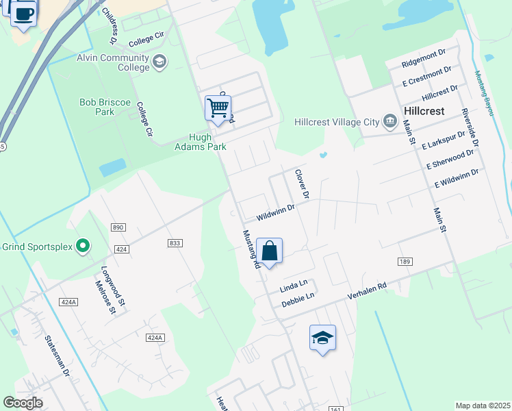 map of restaurants, bars, coffee shops, grocery stores, and more near 3830 Westglen Drive in Alvin