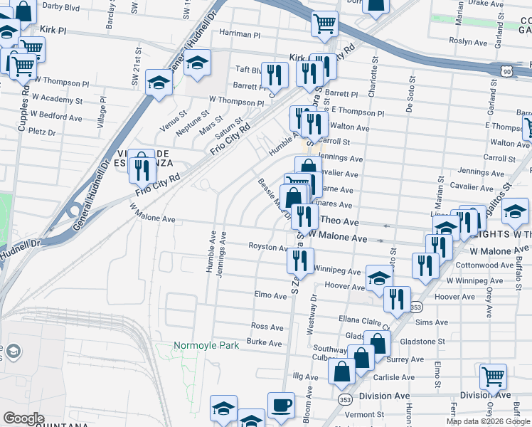 map of restaurants, bars, coffee shops, grocery stores, and more near 715 Hearne Avenue in San Antonio
