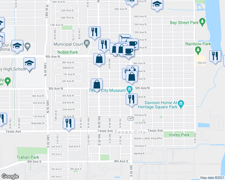 map of restaurants, bars, coffee shops, grocery stores, and more near 722 5th Avenue North in Texas City