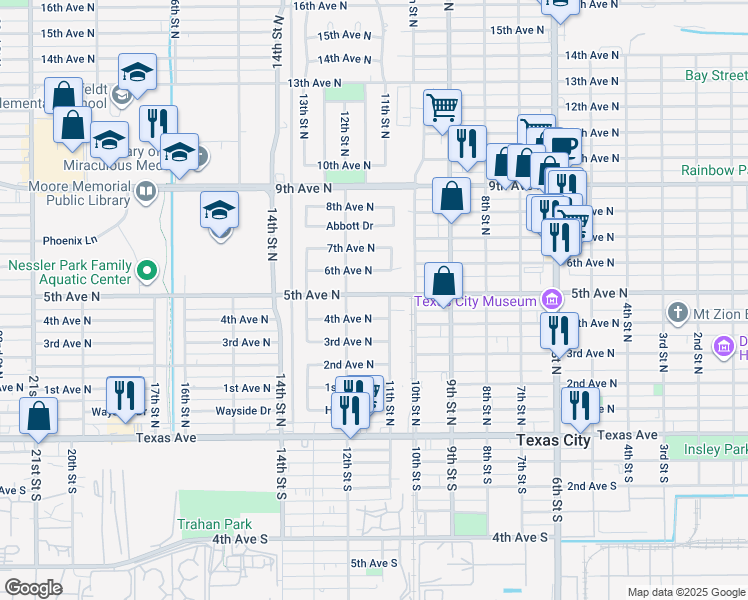 map of restaurants, bars, coffee shops, grocery stores, and more near 1132 5th Avenue North in Texas City
