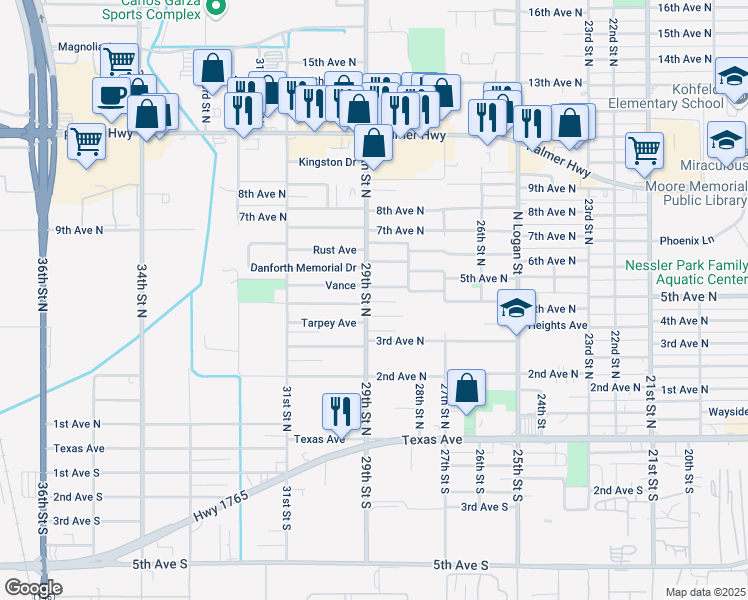 map of restaurants, bars, coffee shops, grocery stores, and more near 2821 5th Avenue North in Texas City