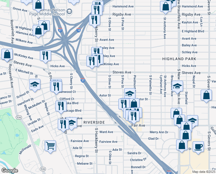 map of restaurants, bars, coffee shops, grocery stores, and more near 136 Greer Street in San Antonio