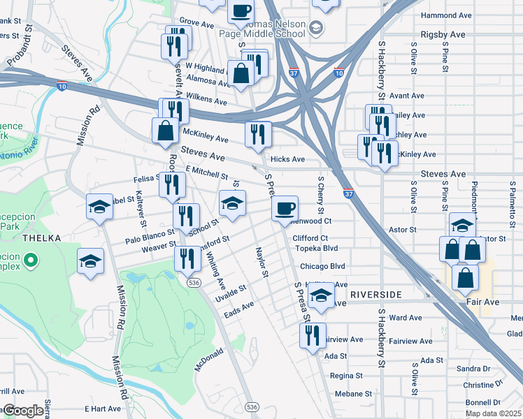 map of restaurants, bars, coffee shops, grocery stores, and more near 120 Tremlett Avenue in San Antonio