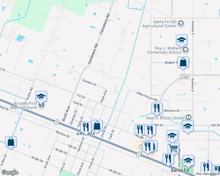 map of restaurants, bars, coffee shops, grocery stores, and more near 14308 Garden Street in Santa Fe