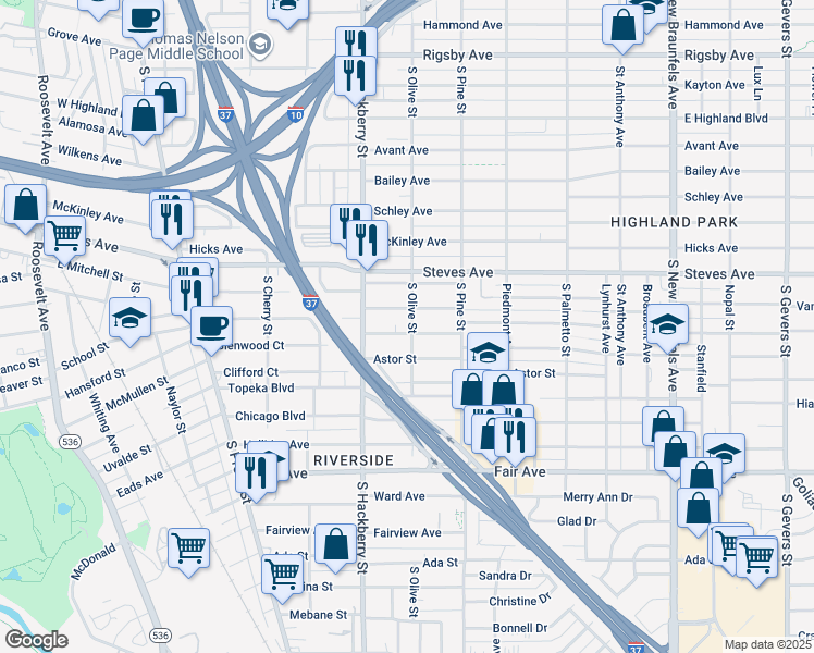map of restaurants, bars, coffee shops, grocery stores, and more near 136 Greer Street in San Antonio