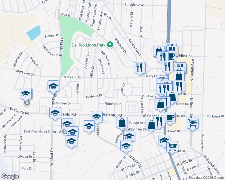 map of restaurants, bars, coffee shops, grocery stores, and more near 123 Deborah Kay Street in Del Rio