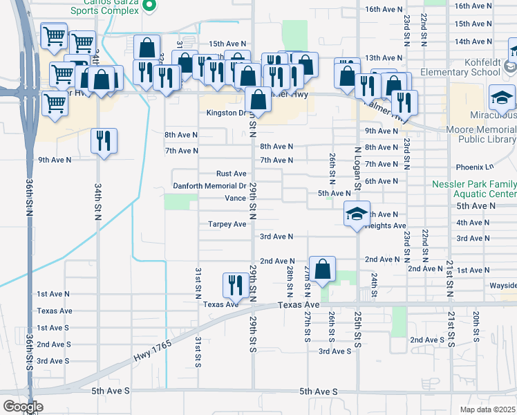 map of restaurants, bars, coffee shops, grocery stores, and more near 2821 5th Avenue North in Texas City