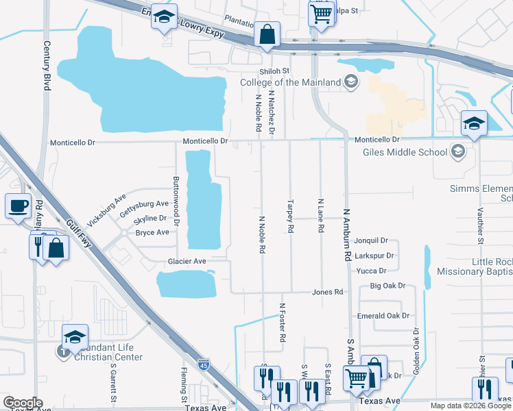 map of restaurants, bars, coffee shops, grocery stores, and more near 617 North Noble Road in Texas City