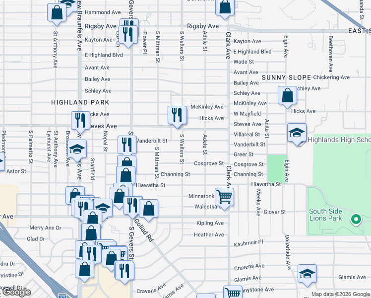 map of restaurants, bars, coffee shops, grocery stores, and more near 1250 Vanderbilt Street in San Antonio