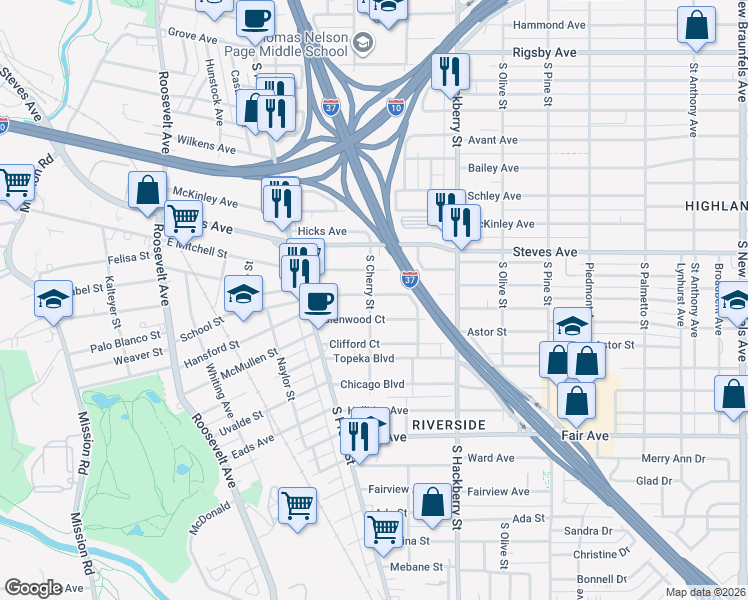 map of restaurants, bars, coffee shops, grocery stores, and more near 219 Rockwood Court in San Antonio