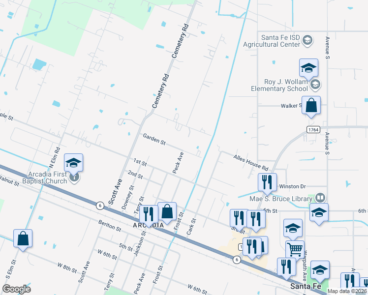 map of restaurants, bars, coffee shops, grocery stores, and more near 14308 Garden Street in Santa Fe