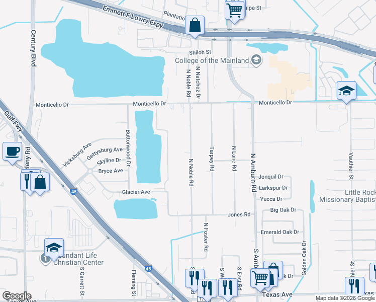 map of restaurants, bars, coffee shops, grocery stores, and more near 617 North Noble Road in Texas City