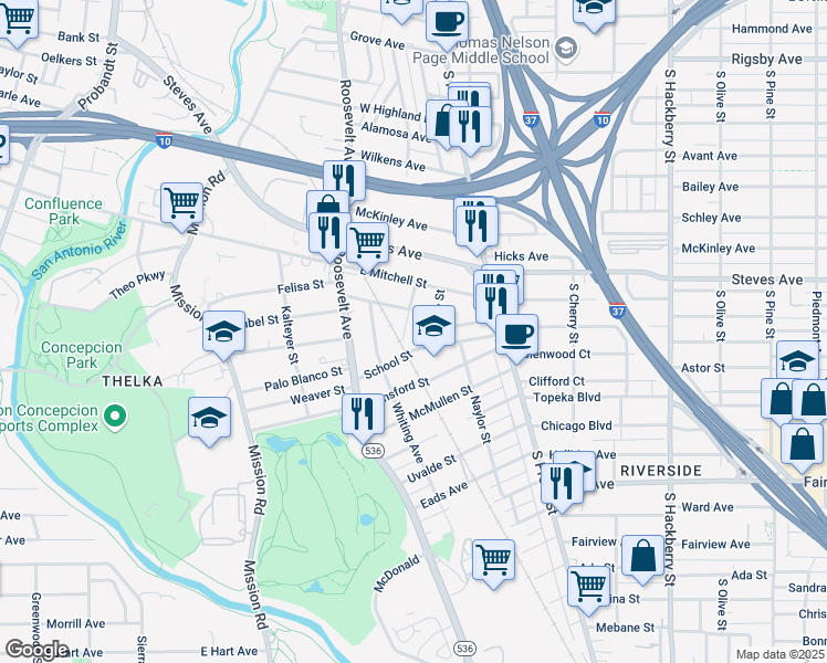 map of restaurants, bars, coffee shops, grocery stores, and more near 215 Parker Avenue in San Antonio