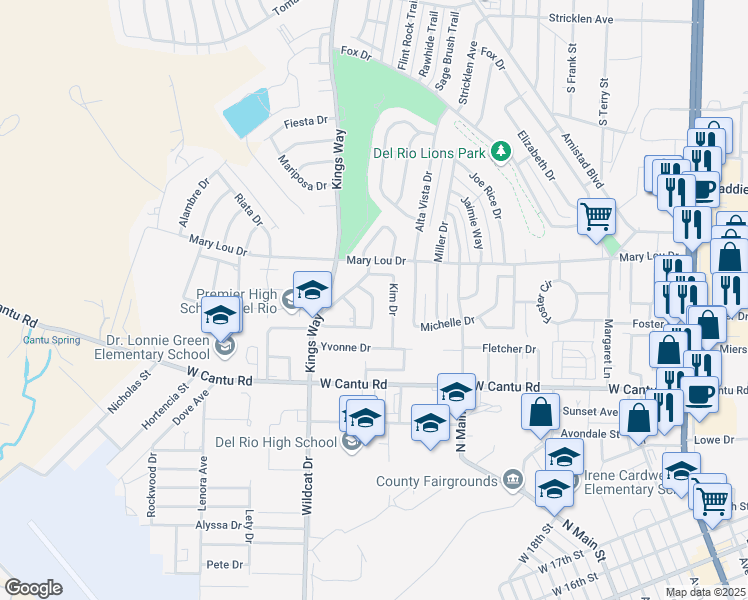 map of restaurants, bars, coffee shops, grocery stores, and more near 130 San Marcos Drive in Del Rio