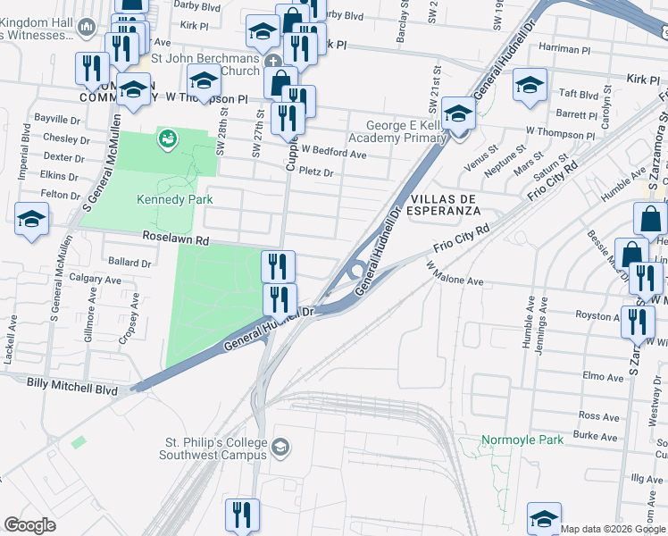 map of restaurants, bars, coffee shops, grocery stores, and more near Roselawn in San Antonio