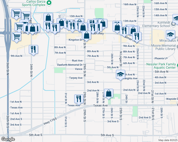 map of restaurants, bars, coffee shops, grocery stores, and more near 2821 5th Avenue North in Texas City