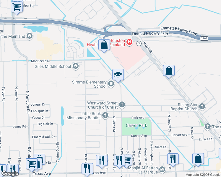 map of restaurants, bars, coffee shops, grocery stores, and more near 400 North Fulton Street in Texas City