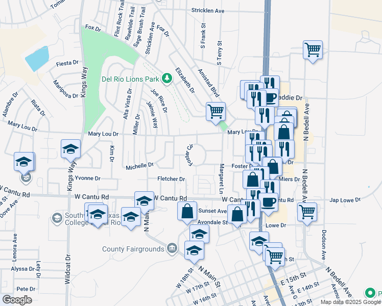 map of restaurants, bars, coffee shops, grocery stores, and more near 225 Foster Circle in Del Rio