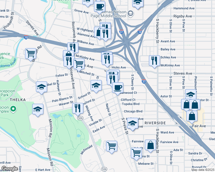 map of restaurants, bars, coffee shops, grocery stores, and more near 120 Tremlett Avenue in San Antonio