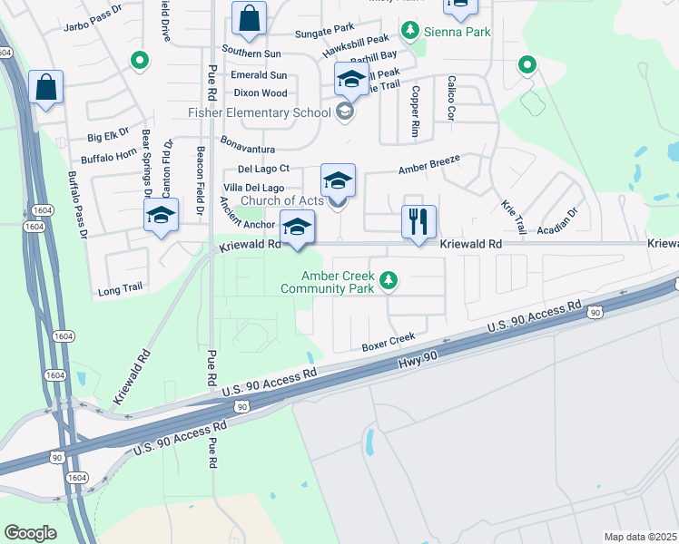 map of restaurants, bars, coffee shops, grocery stores, and more near 9947 Tampke Falls in San Antonio