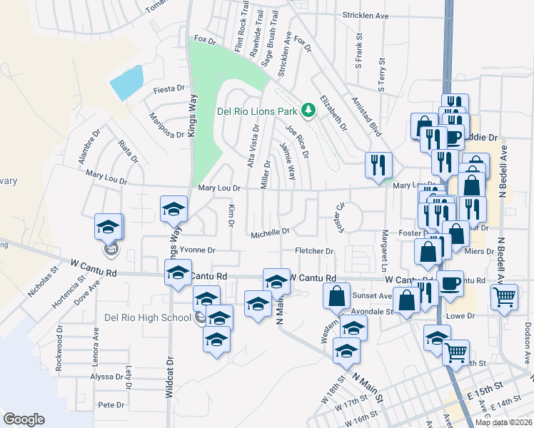 map of restaurants, bars, coffee shops, grocery stores, and more near 2410 North Main Street in Del Rio