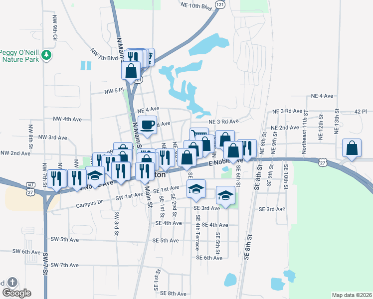 map of restaurants, bars, coffee shops, grocery stores, and more near 434 East Noble Avenue in Williston