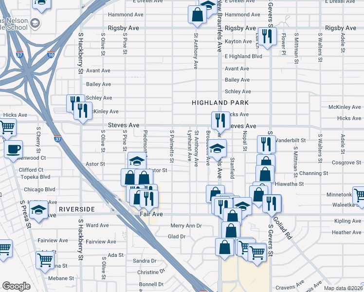 map of restaurants, bars, coffee shops, grocery stores, and more near 521 Greer Street in San Antonio