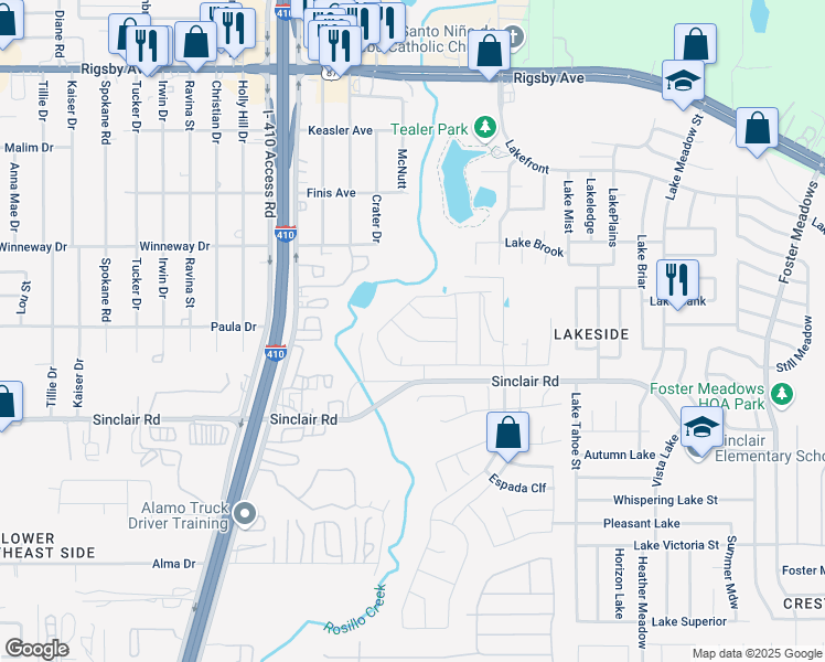 map of restaurants, bars, coffee shops, grocery stores, and more near 5233-5413 Sinclair Road in San Antonio