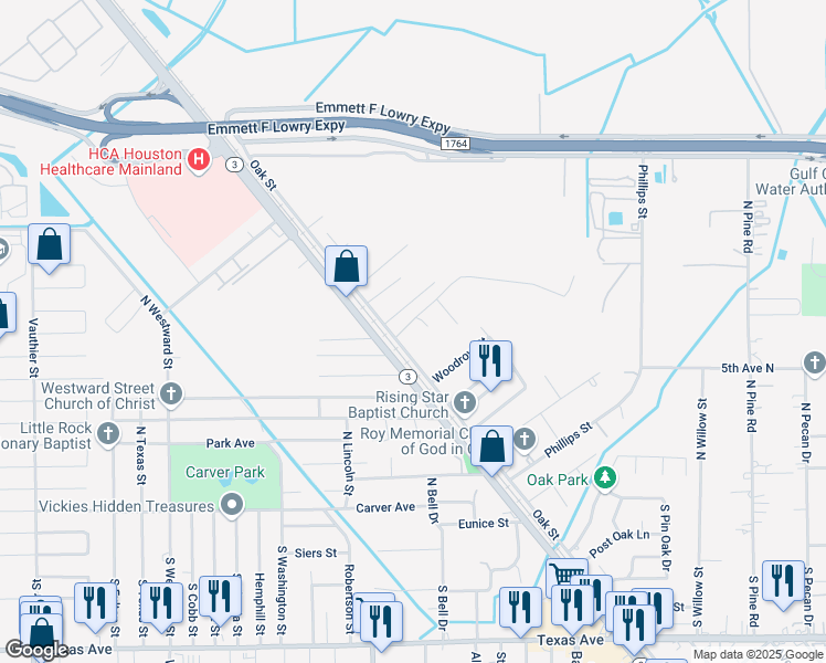 map of restaurants, bars, coffee shops, grocery stores, and more near 5906 Roberts Street in Texas City