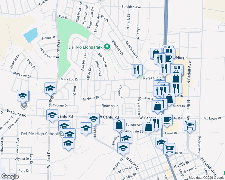 map of restaurants, bars, coffee shops, grocery stores, and more near 123 Deborah Kay Street in Del Rio