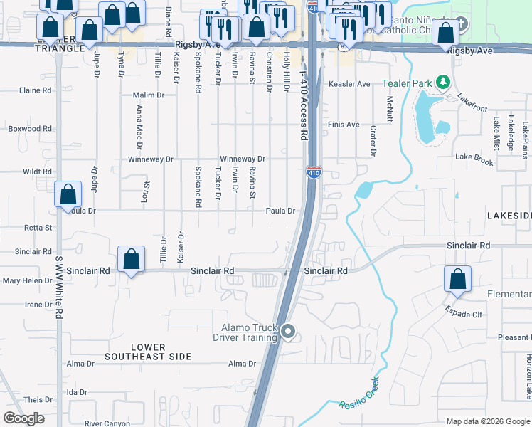 map of restaurants, bars, coffee shops, grocery stores, and more near 3002 Ravina Street in San Antonio