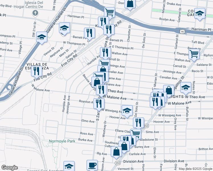 map of restaurants, bars, coffee shops, grocery stores, and more near 462 Linares Street in San Antonio