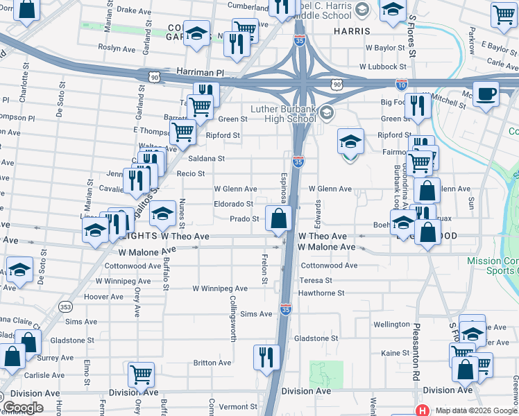 map of restaurants, bars, coffee shops, grocery stores, and more near 714 Eldorado Street in San Antonio