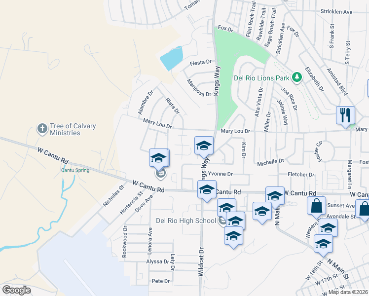 map of restaurants, bars, coffee shops, grocery stores, and more near 201 Spike Run in Del Rio